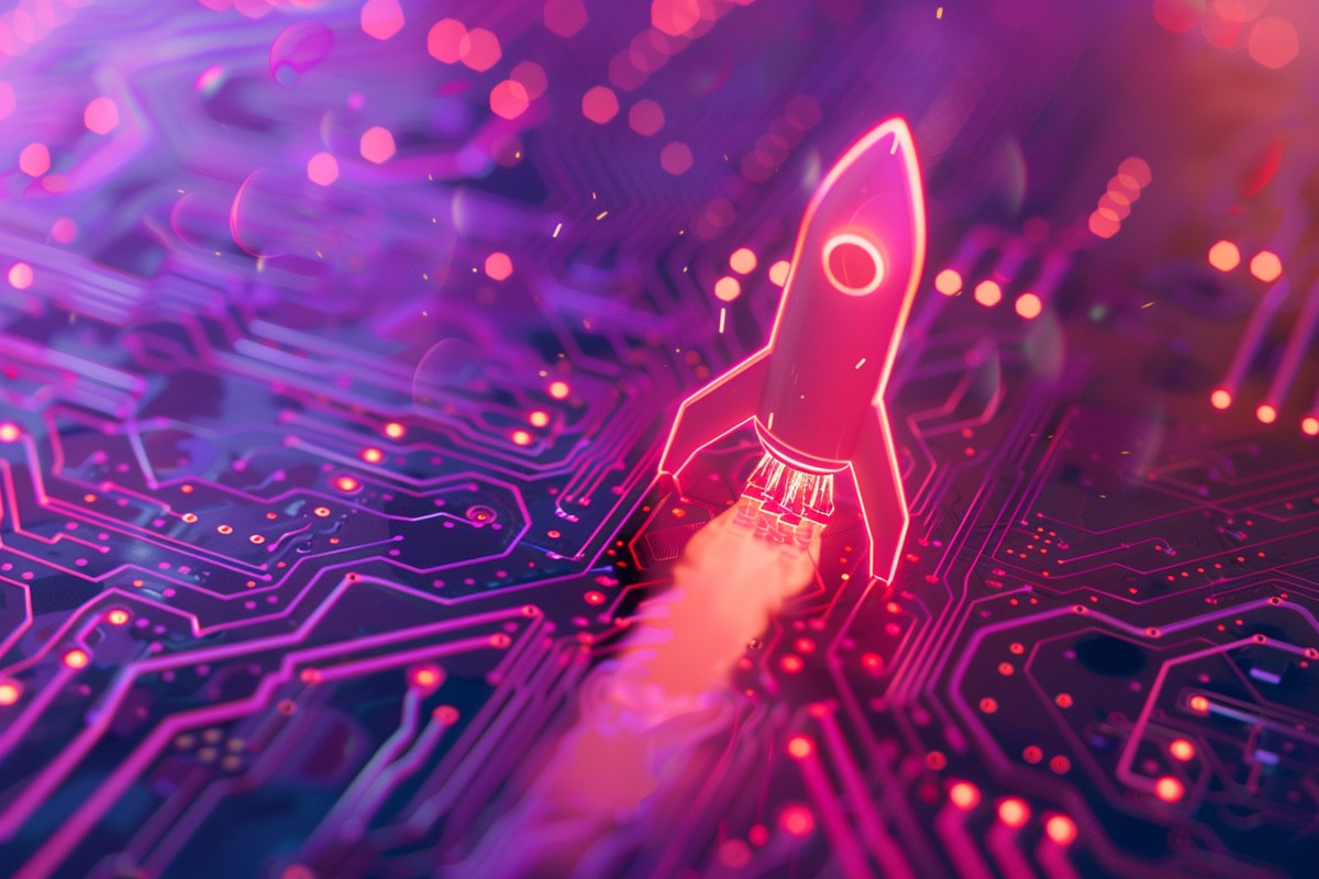 Neonbelyst rakett som skyter opp over et elektronisk kretskort, som symboliserer SEO og digital vekst.